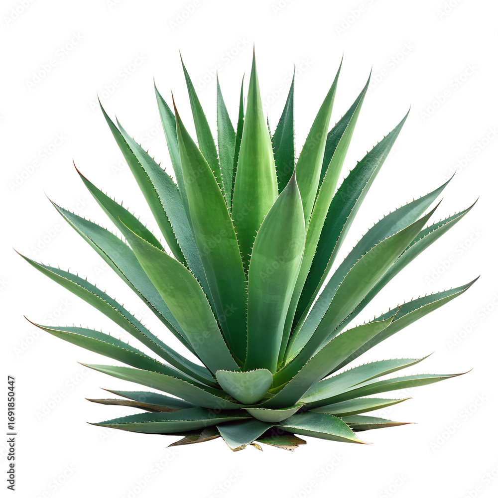 Fototapeta premium A vibrant green agave plant with sharp pointed leaves arranged in a rosette pattern isolated on transparent background