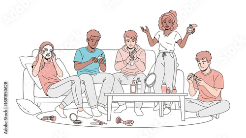 Diverse group of young adults gathered together applying makeup and skincare products in a casual indoor setting