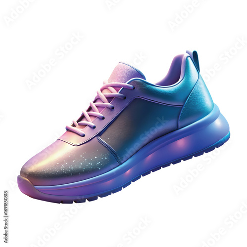 Iridescent athletic shoe with pink and blue hues sneaker footwear