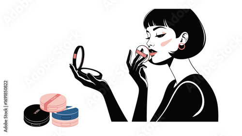 Elegant woman applying makeup with compact mirror and colorful cosmetic puffs a stylish beauty and fashion illustration