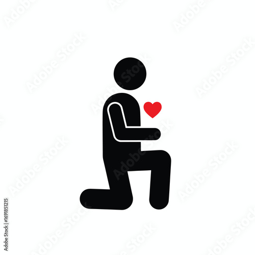 Stick figure person kneeling on one knee holding a red heart.