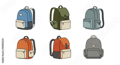 Collection of six colorful backpacks for travel school and outdoor adventures various designs vector