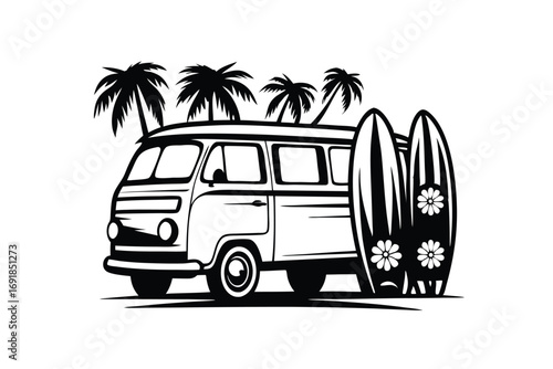 Black vintage van displays surfing boards decorated with flowers near palm trees image
