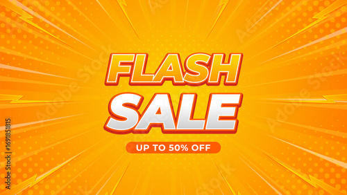 Flash sale promo banner template. Bright orange-yellow comic sunburst background. Flash sale text effect design for social media post, website, Sale promotion, and advertising banner