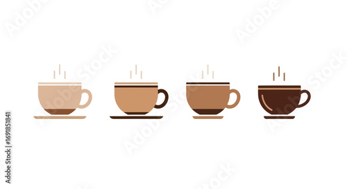 Collection of four distinct coffee cups with steaming beverages and saucers vector