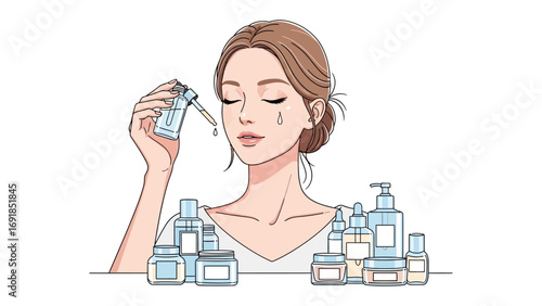 Young woman applying serum from dropper to her face with various skincare products and bottles arranged around her in a clean white background illustration