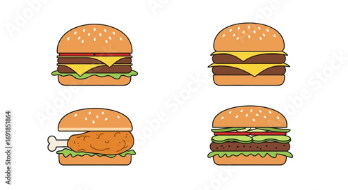 Collection of four delicious fast food hamburger icons representing variety and taste vector