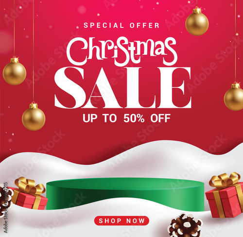 Christmas Sale poster clipart design. Christmas Sale special offer shopping discount clip art with green podium, gift box, spruce and hanging balls elements in snow red background Christmas banner 