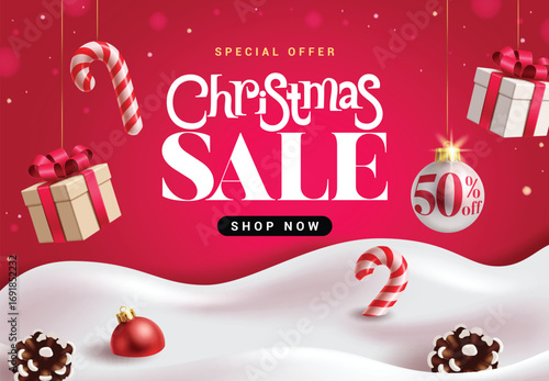 Christmas Sale red background clipart design. Christmas Sale text in red snow background clip art 50% off shopping discount with hanging elements like gift box, balls and candy cane poster card 