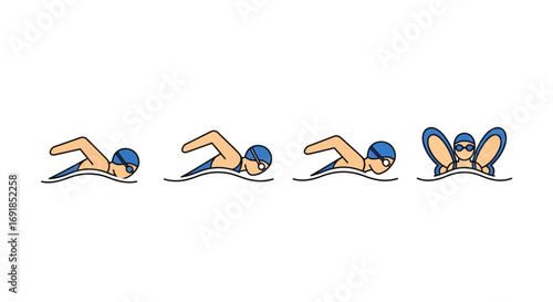 Artistic depictions of swimmers in various stages of freestyle stroke and goggles vector
