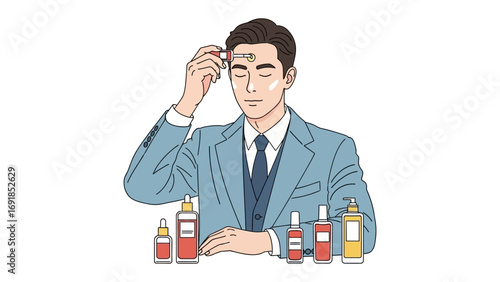 Man in suit applying serum to forehead with dropper surrounded by various cosmetic bottles and skincare products on a white background