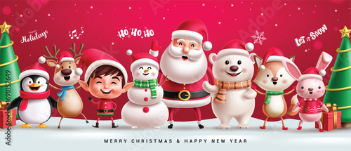 Christmas characters banner clipart set. Santa Claus, Snowman, Reindeer, Polar bear, Elf, Penguin, Fox and Bunny cute cartoon character clip art collection with Merry Christmas and happy new year 