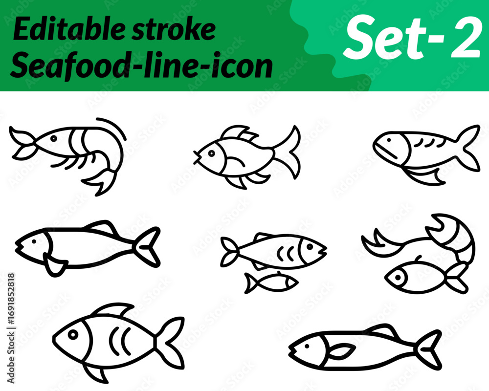 Fototapeta premium Seafood icon. character designed in a modern flat vector style, featuring elements like a fish, shrimp, crab, or shell arranged neatly with clean lines. Additional details such as waves nets.