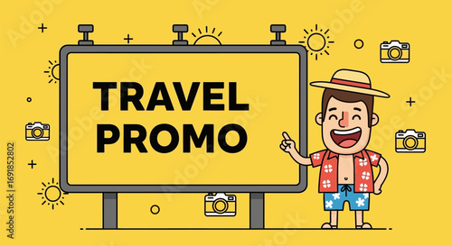 Happy Tourist Promoting Travel Deals on Billboard