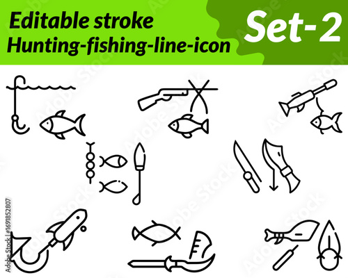 Hunting-fishing icon character designed in a clean flat vector style,.featuring a person with a fishing rod catching a fish or a hunter holding a bow or rifle with animal tracks nearby Additional.