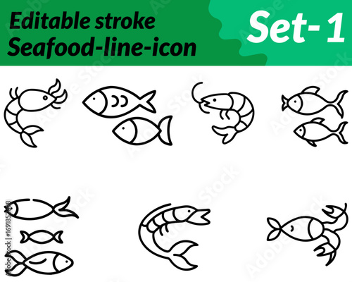 Seafood icon. character designed in a modern flat vector style, featuring elements like a fish, shrimp, crab, or shell arranged neatly with clean lines. Additional details such as waves nets.