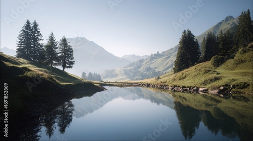 Fototapeta Naklejka Na Ścianę i Meble -  Serene mountain landscape featuring a reflective lake under natural ambient lighting.