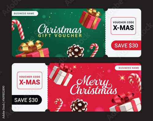 Christmas Voucher clipart banner set. Merry Christmas gift voucher clip art collection in green and red background with gift box, candy cane and spruce elements for xmas holiday gift certificate 