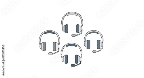 Four silver headphones with microphones arranged in a diamond pattern for communication and audio vector