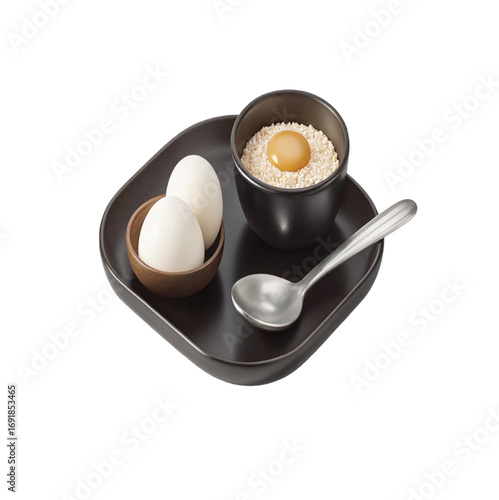 White eggs and yolk with grains and spoon bowl