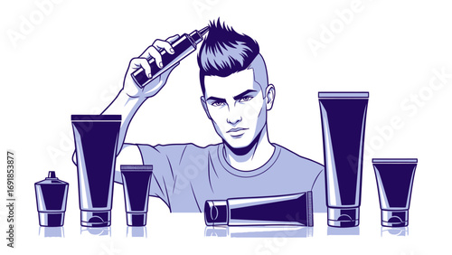Modern man styling hair with electric clippers surrounded by various grooming products and tubes of hair styling products