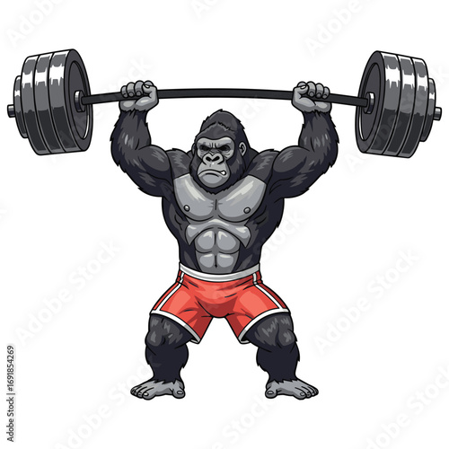 Cartoon Gorilla Weightlifting with Barbell Illustrating Strength and Determination for Creative
