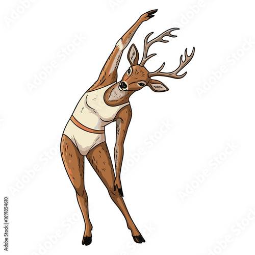 Whimsical Deer Character in Leotard Stretching for Fitness Concept Artwork Illustration