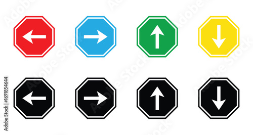 colorful directional arrow icon set with octagon shape for web and signage design