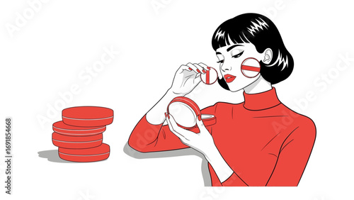 Radiant Revelation: A woman unveils her beauty ritual, applying blush with delicate precision, surrounded by the allure of cosmetic delights, each stroke a celebration of personal care and charm.