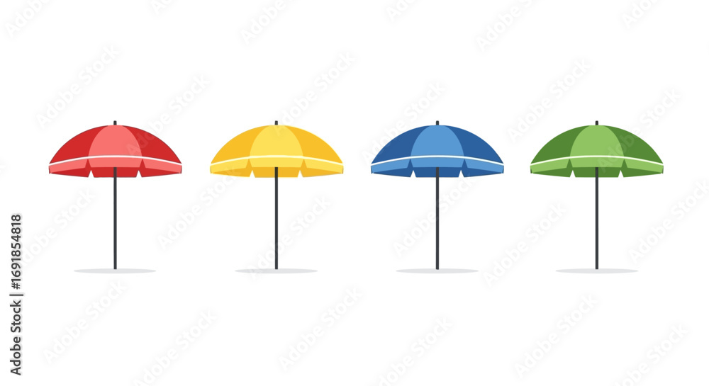 Fototapeta premium Four colorful beach umbrellas standing tall ready for sunny days outdoors vector