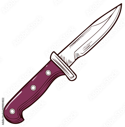 Illustration of a Fixed Blade Knife with a Burgundy Handle and Silver Metal Blade