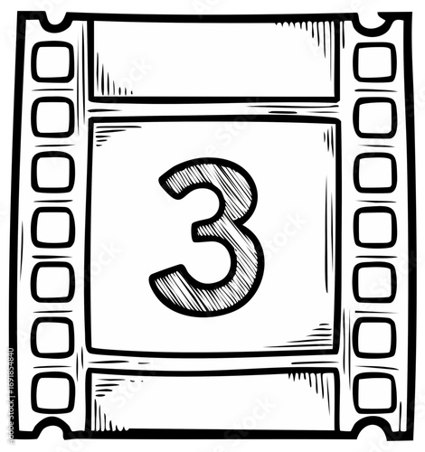 Filmstrip Frame with Number Three Digit Black and White Cinematic Reel Strip Icon Movie Countdown Frames Numbering