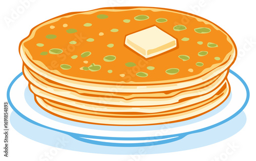 Pile of pancakes with butter on a plate, delicious breakfast.