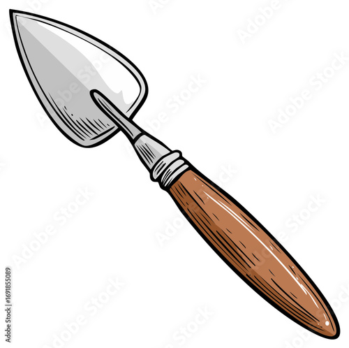 Handheld Garden Trowel with Wooden Handle Detailed Illustration