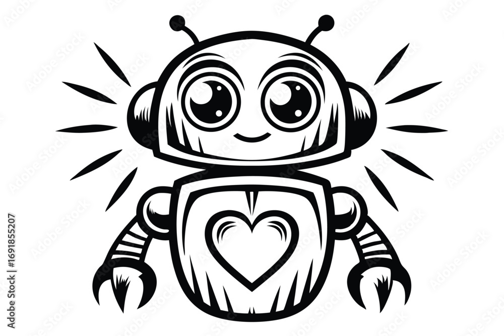 Naklejka premium Charming Black and White Robot with Heart on Chest with White Background