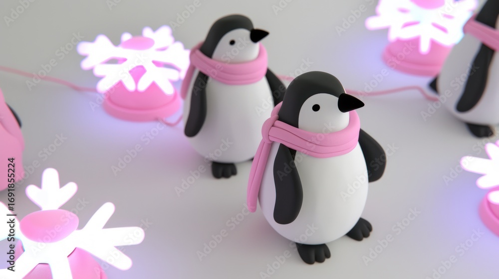 Fototapeta premium Cute Penguin Decorations with Pink Snowflake Lights for Winter Holiday Decor