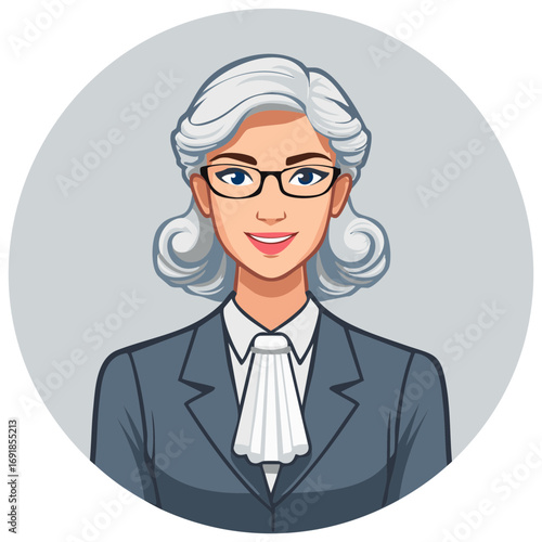Illustration of a female judge in formal attire inside a gray circle