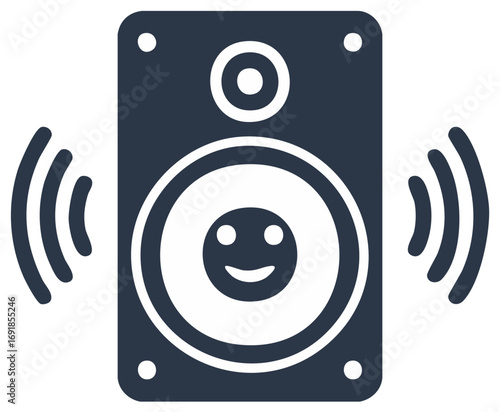 Flat design speaker icon with a happy face emitting sound waves, symbolizing music and audio