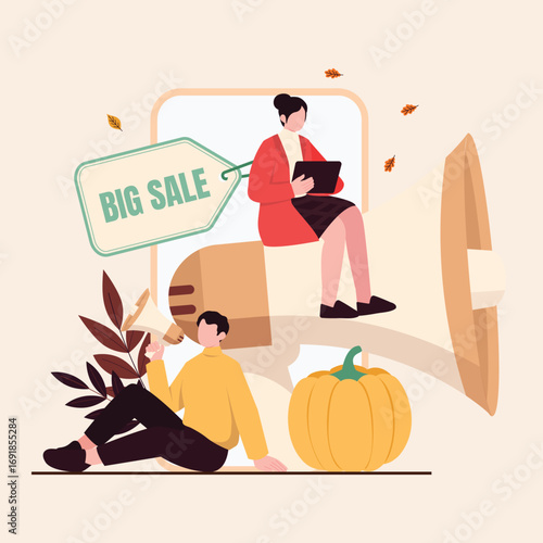Flat vector concept of a man and woman making a big sale announcement for the autumn season using megaphones
