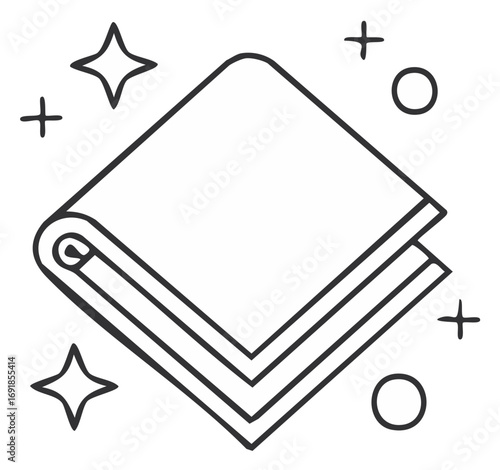 Hand drawn clean folded laundry stack with sparkle and fresh hygiene symbols