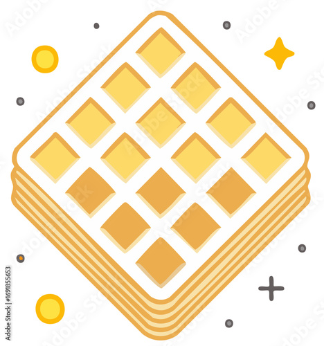 Stack of golden square waffles with grid pattern, surrounded by decorative elements