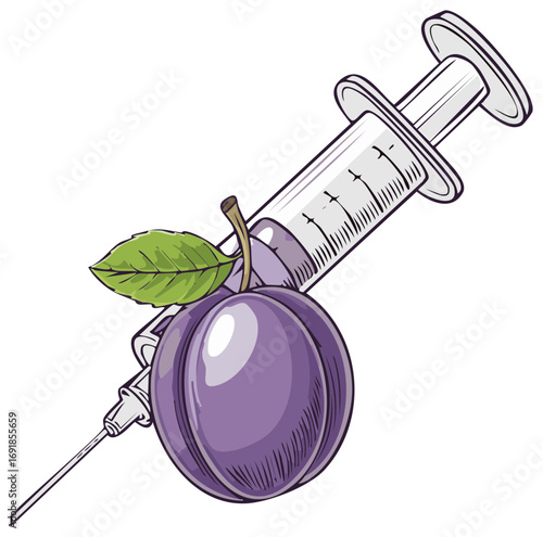 Plum with Syringe Illustration Genetic Modification and Food Science