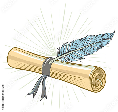 Ancient document scroll with elegant blue quill pen and decorative ribbon illustration