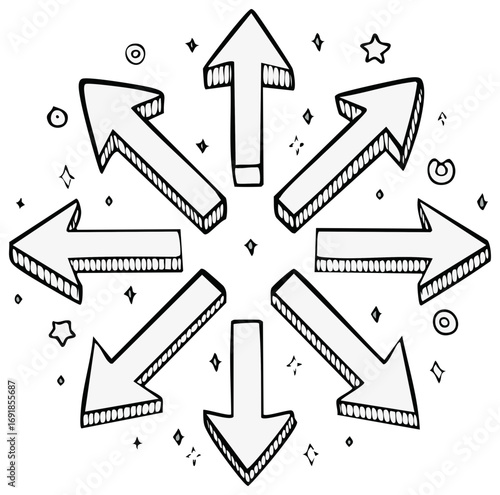 Hand drawn doodle of 3D arrows pointing in multiple directions symbolizing expansion and various options