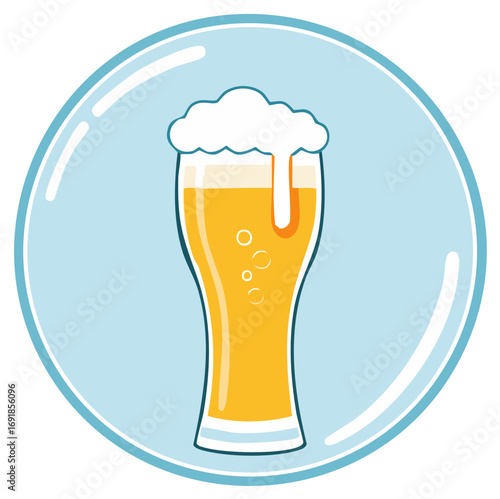 Beer glass with foam and bubbles inside a light blue circle with a light blue border