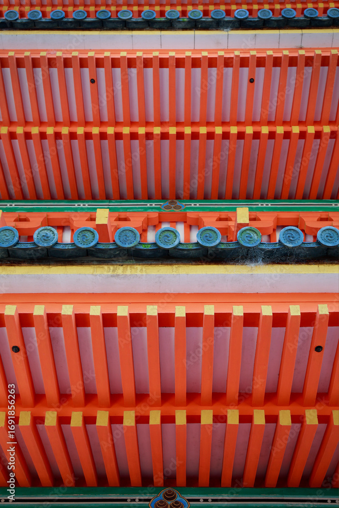 Fototapeta premium close up of detail of the roof of wooden pagoda in Japanese temple
