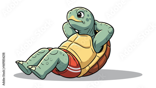 Cartoon Turtle Exercising Doing Sit-Ups Fitness and Health Vector Character Illustration
