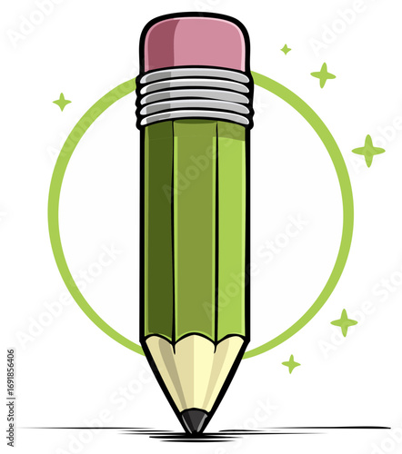 Cartoon green pencil with eraser and shiny circle, vector illustration