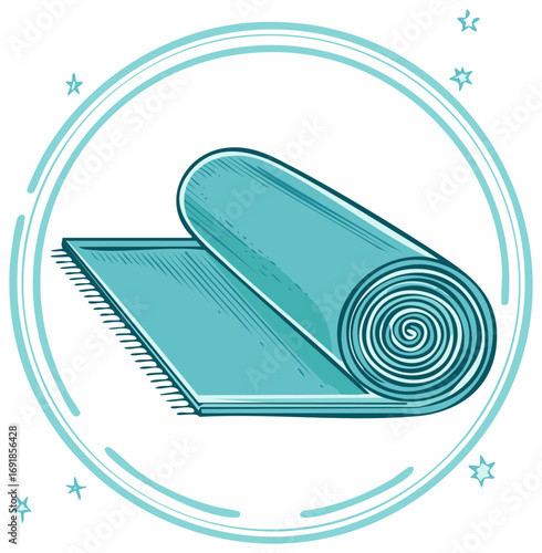Rolled up yoga mat illustration with stars and circle frame