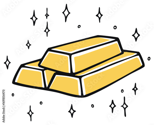 Hand drawn shiny gold bars stack with sparkles representing wealth and financial success